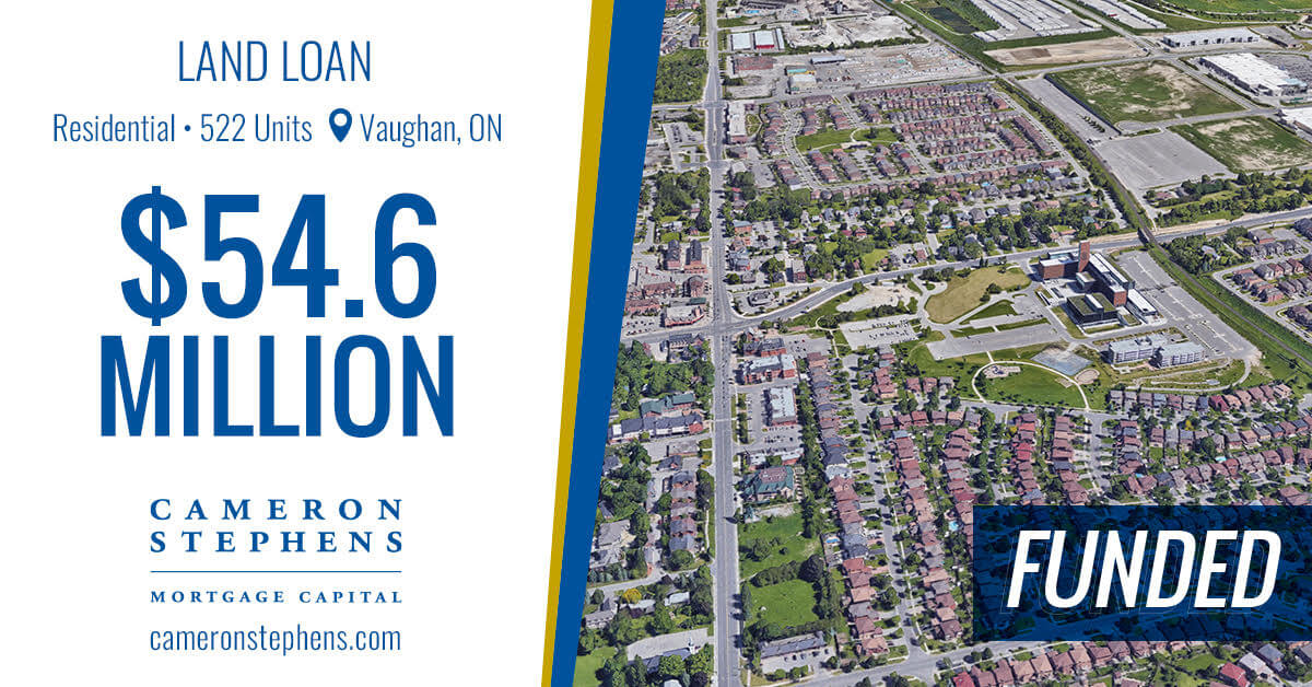 Drone shot of recently funded property representing 522 unit residential development in Vaughan, Ontario, for which Cameron Stephens issued a $54.6 million land loan